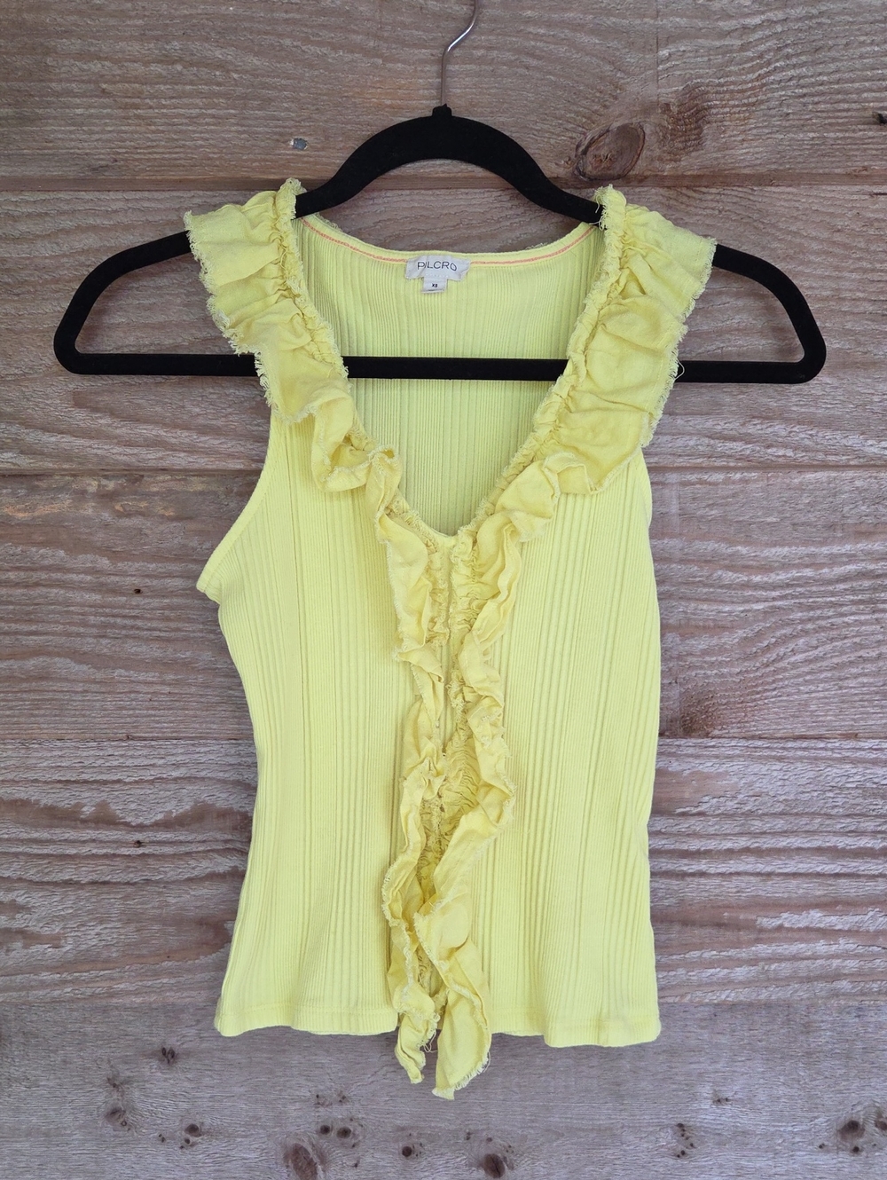 Pilcro XS Yellow Ruffle-Front Ribbed Tank
